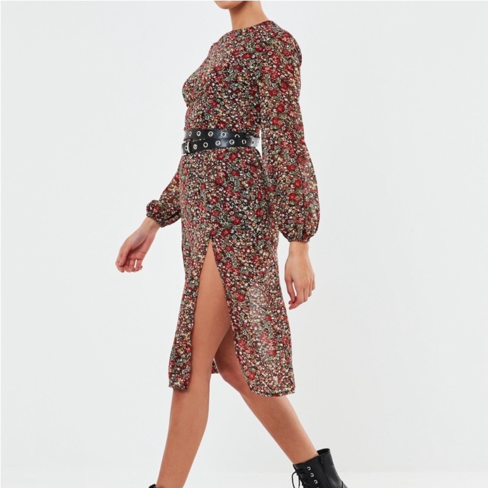 MISSGUIDED PETITE FLORAL LONG SLEVE SLIT MIDI DRESS SIZE 12